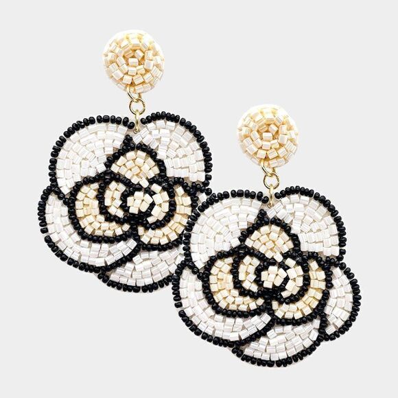 Flower White Seed Bead Dangle Earrings - Picture 1 of 5